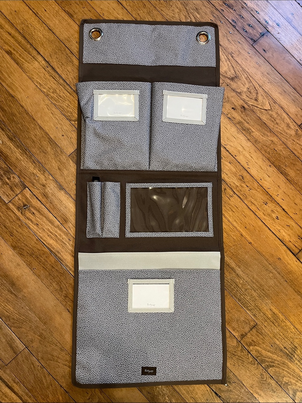 Wall-Mount Organizer Pouch in Brown and Light Gray Dots - Multi-Pocket Storage